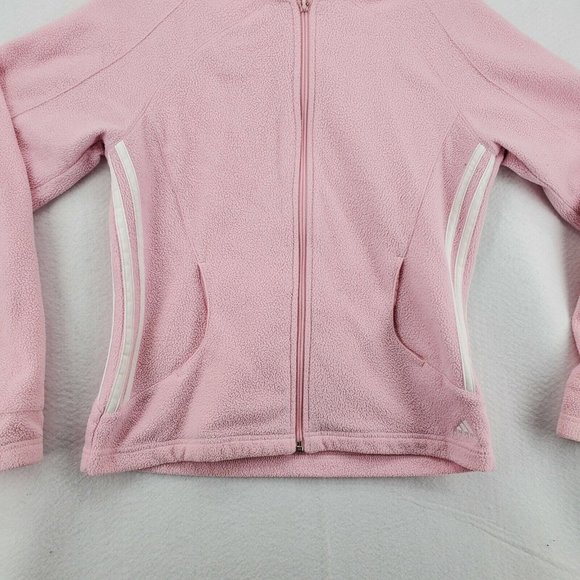 Adidas Shirt Women's L/S Full Zip Hooded Sweatshirt Three Stripe Fleece Pink Sm - Picture 3 of 12
